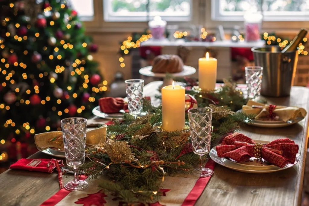 A festive Christmas dining table set with candles, greenery, glassware, and a decorated Christmas tree glowing in the background.
