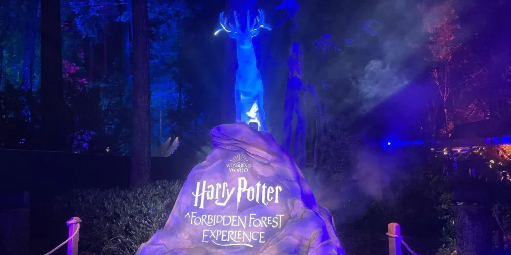 A glowing blue stag Patronus standing on a rock engraved with the Harry Potter Forbidden Forest Experience logo.