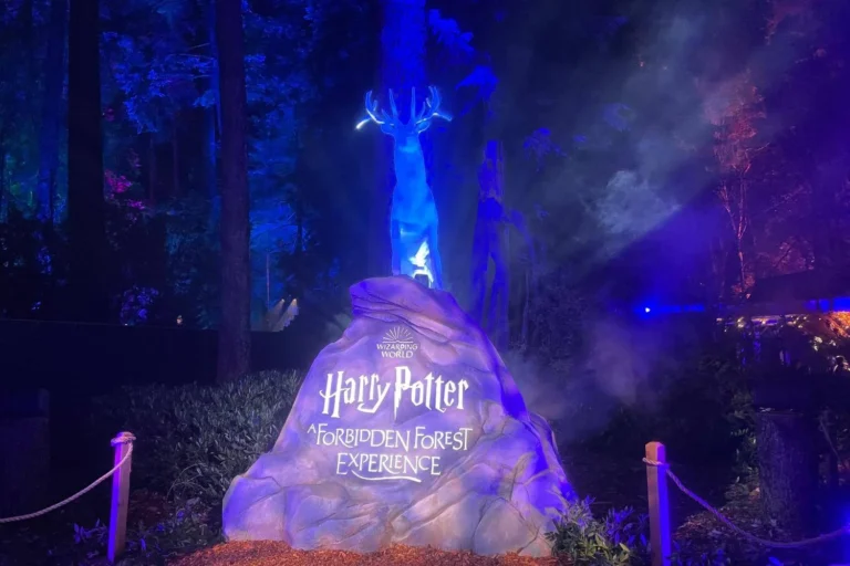 A glowing blue stag Patronus standing on a rock engraved with the Harry Potter Forbidden Forest Experience logo.