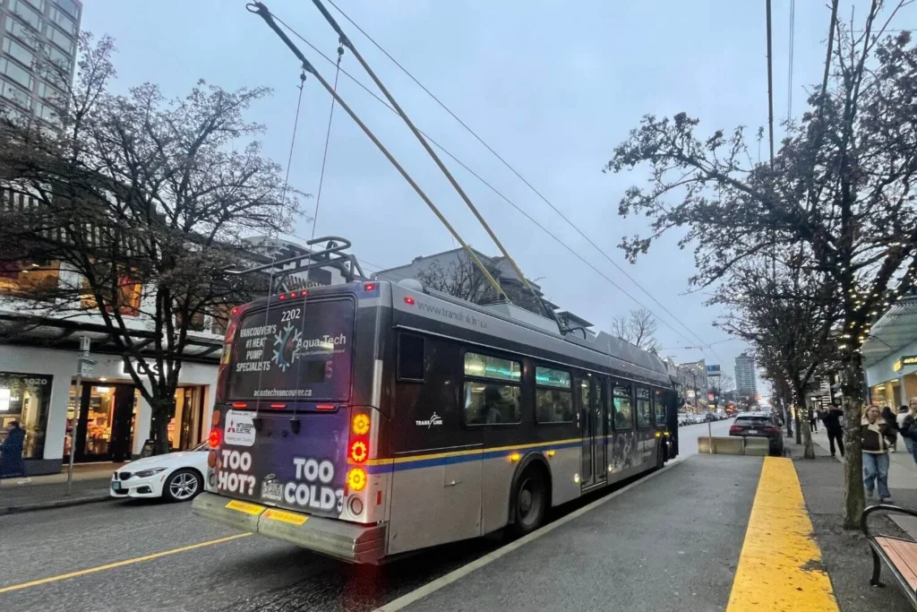 Vancouver trolley bus on a winter afternoon showing how easy it is to get around the city without a car in December.