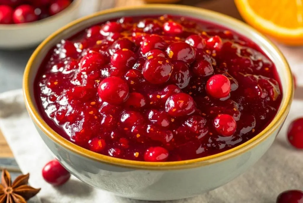 Homemade cranberry sauce served as a classic accompaniment to a British Christmas dinner.