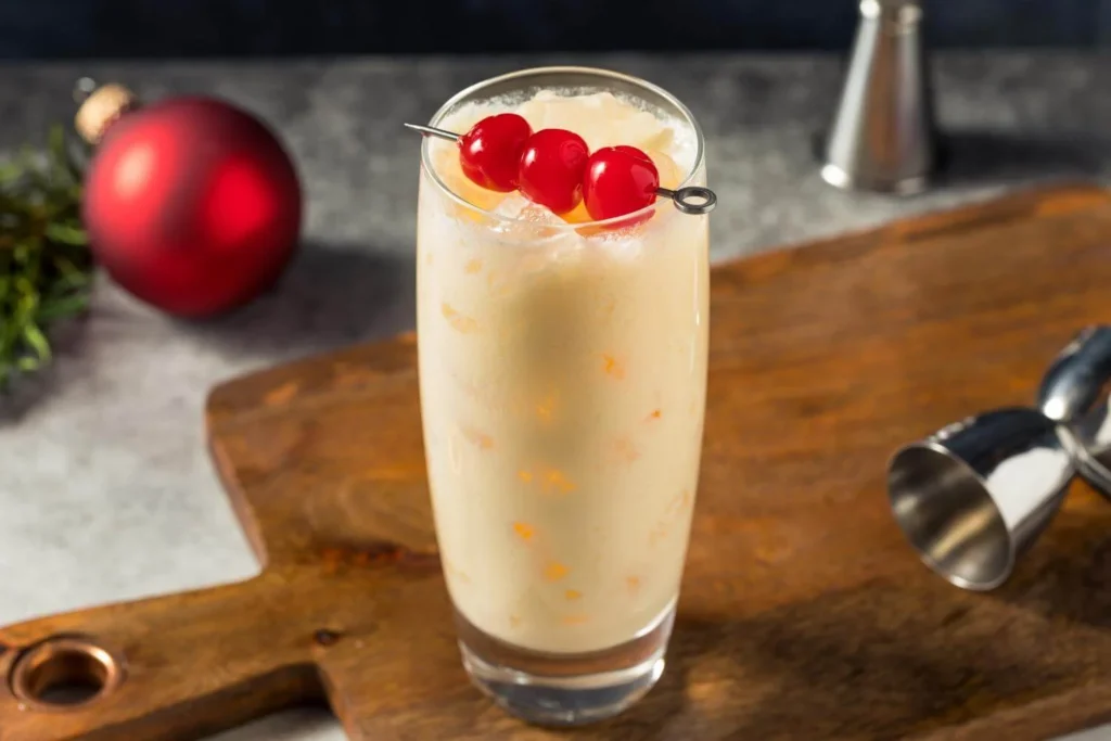 A classic British Snowball cocktail made with advocaat and lemonade, garnished with cherries.