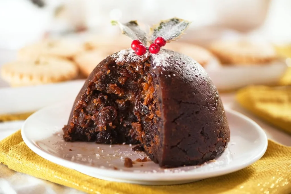 Traditional British Christmas pudding cut open to show the rich fruit filling.