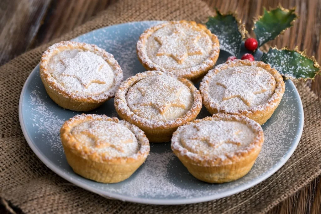 Traditional British mince pies dusted with icing sugar and served at Christmas.