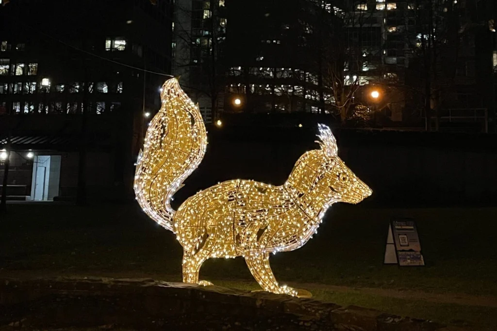 Sparkling fox sculpture made of golden Christmas lights on display in a city park, surrounded by trees and urban buildings in Vancouver at night.