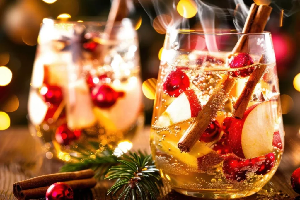 Glass of wassail spiced apple cider with apples and festive Christmas spices.