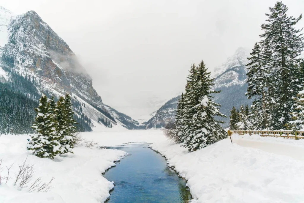 Frozen Lake Louise in winter illustrating peak winter conditions in Canada.