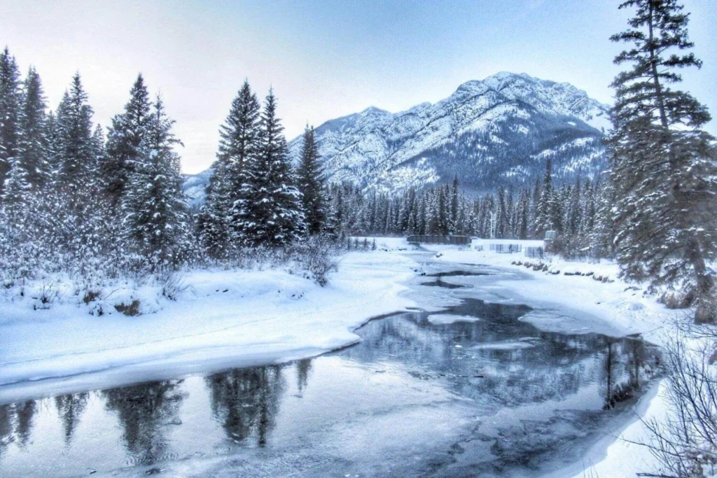 Snowy winter landscape in the Canadian Rockies showing typical winter weather conditions in Canada.