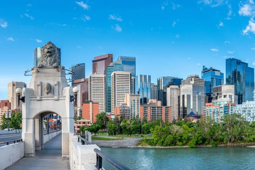 Downtown Calgary skyline viewed from Centre Street Bridge along the Bow River.