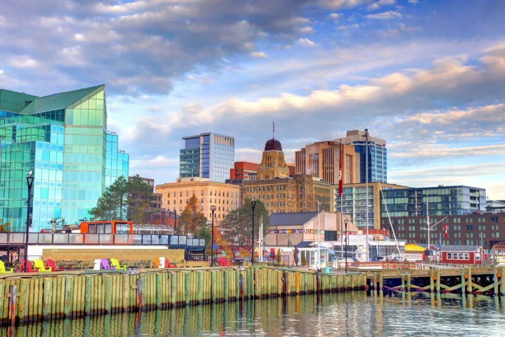 Halifax waterfront with colorful boardwalk and harbour, a friendly coastal city for solo female travelers in Canada.