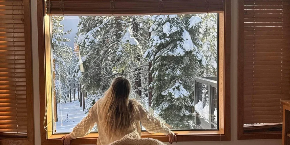 Solo traveler spending winter alone at home, looking out at snowy trees and reflecting quietly.