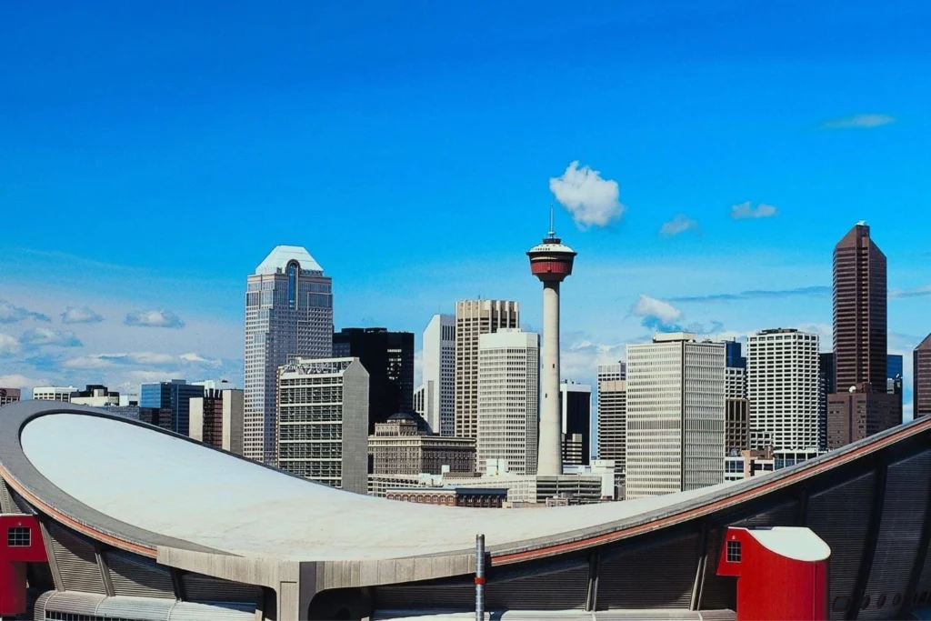 Calgary skyline with the Scotiabank Saddledome, one of the city’s most recognizable landmarks.