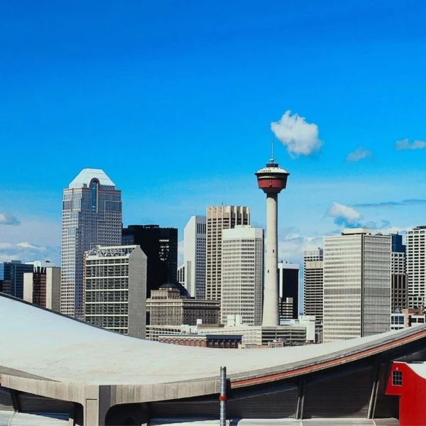 Calgary skyline with the Scotiabank Saddledome, one of the city’s most recognizable landmarks.